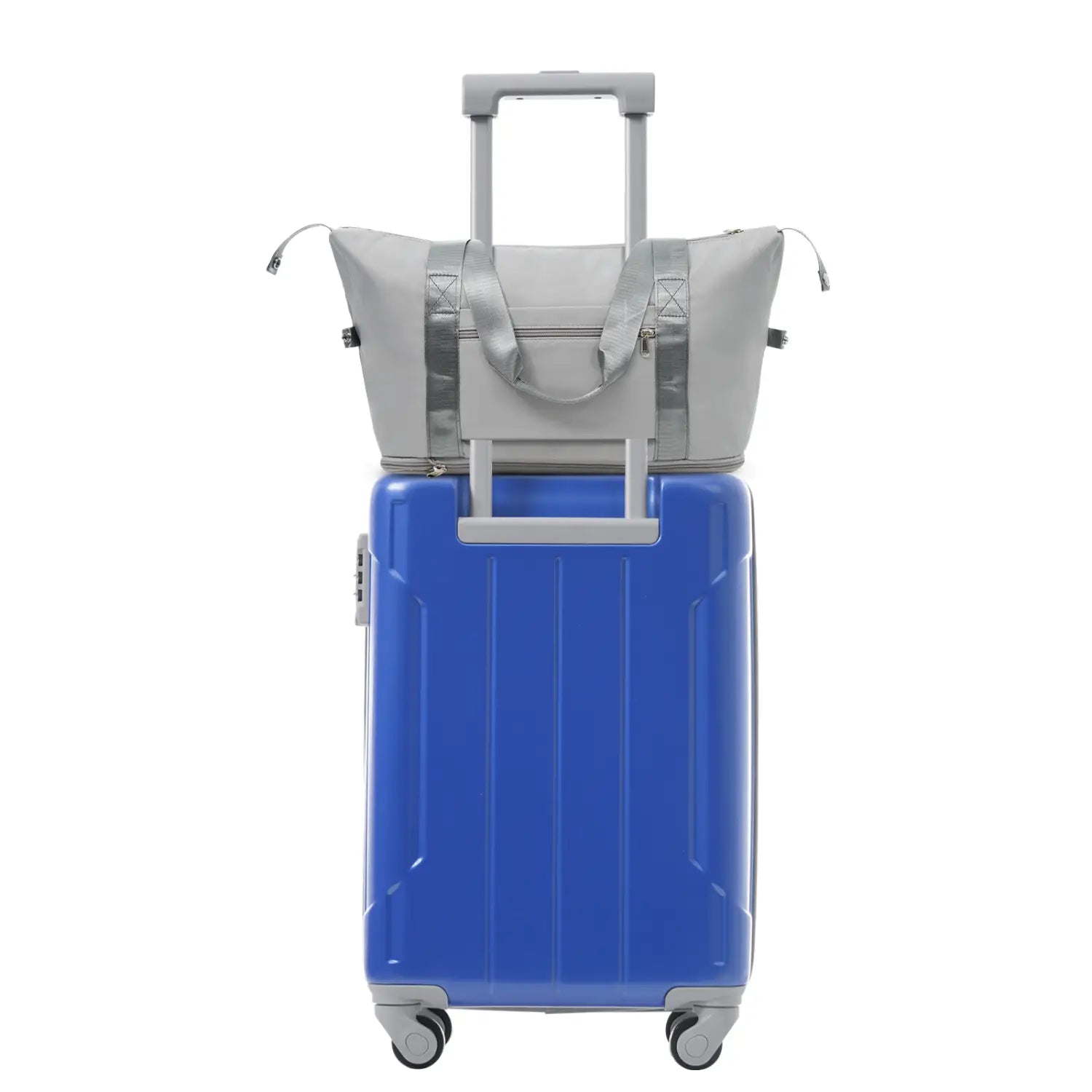 gray fabric travel bag with silver zipper accents and adjustable straps attached securely over the handle of a blue hard-shell suitcase from the 3 piece dazzling blue hardshell 20 inch carry on luggage set