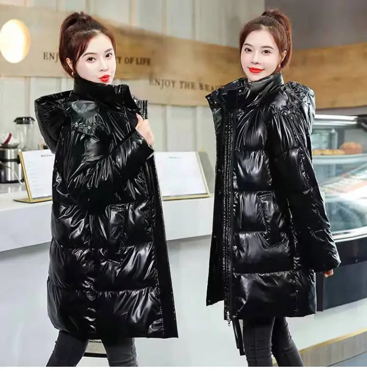 Glossy black plus size puffer jacket featuring a high collar and quilted design with a black glossy finish.