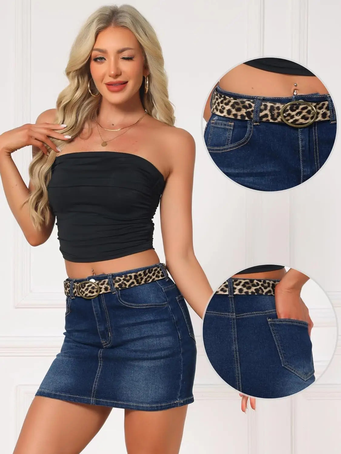 Jeans-Minirock mit Leopardenmuster-Gürtel, mit runder Metallschnalle, über dunklen blauen Jeansshorts getragen.
