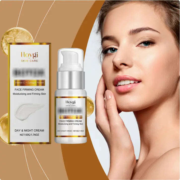Crème raffermissante pour le visage Hoygi dans un flacon blanc, avec une pompe argentée et des accents dorés, portant la mention « sérum hydratant et raffermissant jour et nuit » à base de vitamine C et de collagène.