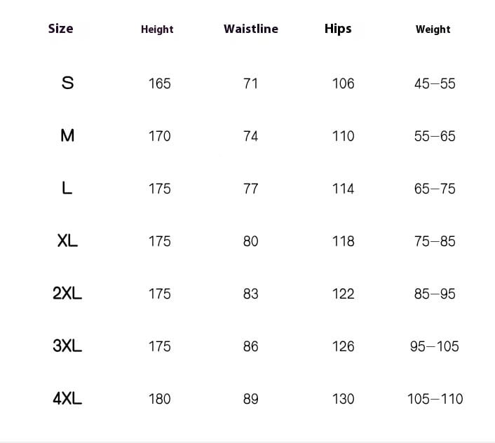 Size chart for men’s relaxed fit multi pocket cargo shorts displaying measurements in centimeters for height waistline hips and weight from size s to 4xl.