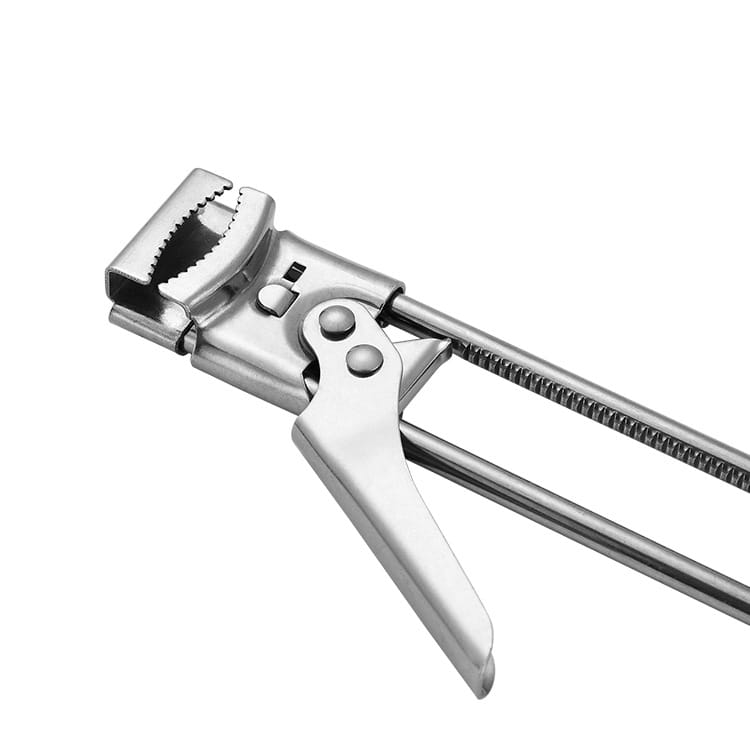 Stainless steel adjustable jar and bottle opener with a sleek ergonomic design and textured handles for enhanced grip.