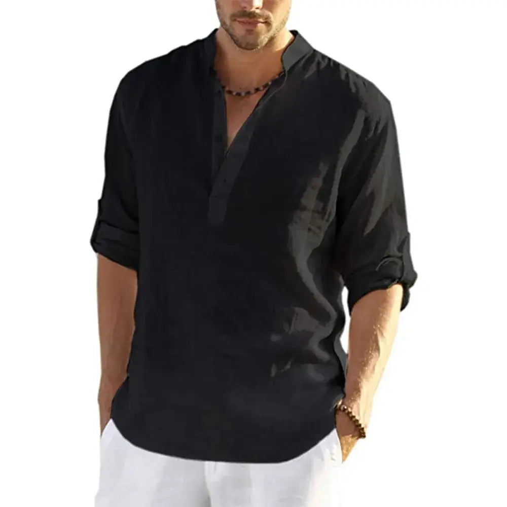 Black lightweight linen men’s casual v neck pullover shirt with rolled-up sleeves.