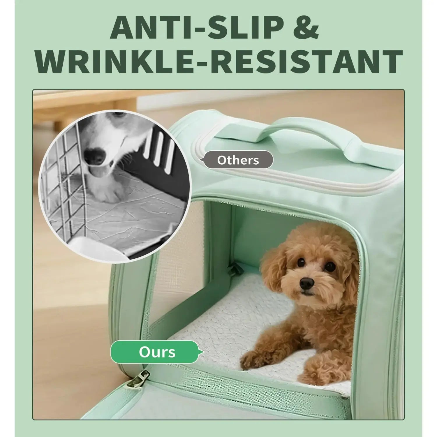 Mint green pet carrier with soft quilted interior lining and reinforced handles shown alongside dog pee pads 100 pack odor control leak proof.