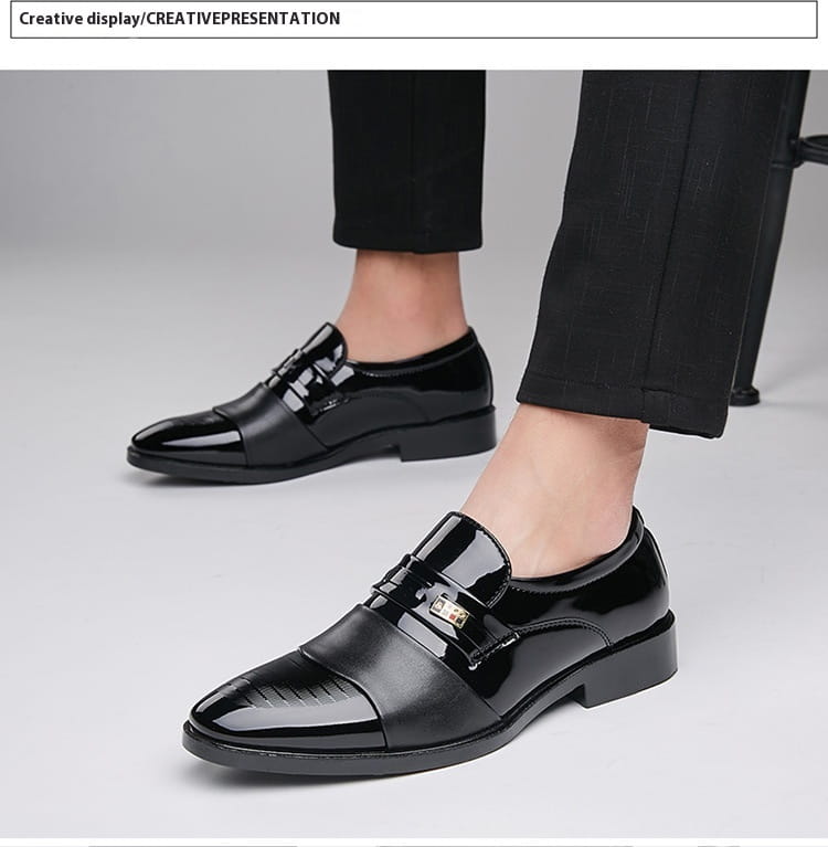 Men’s black patent leather lace-up dress shoes with glossy finish and gold-tone buckle for business and formal wear
