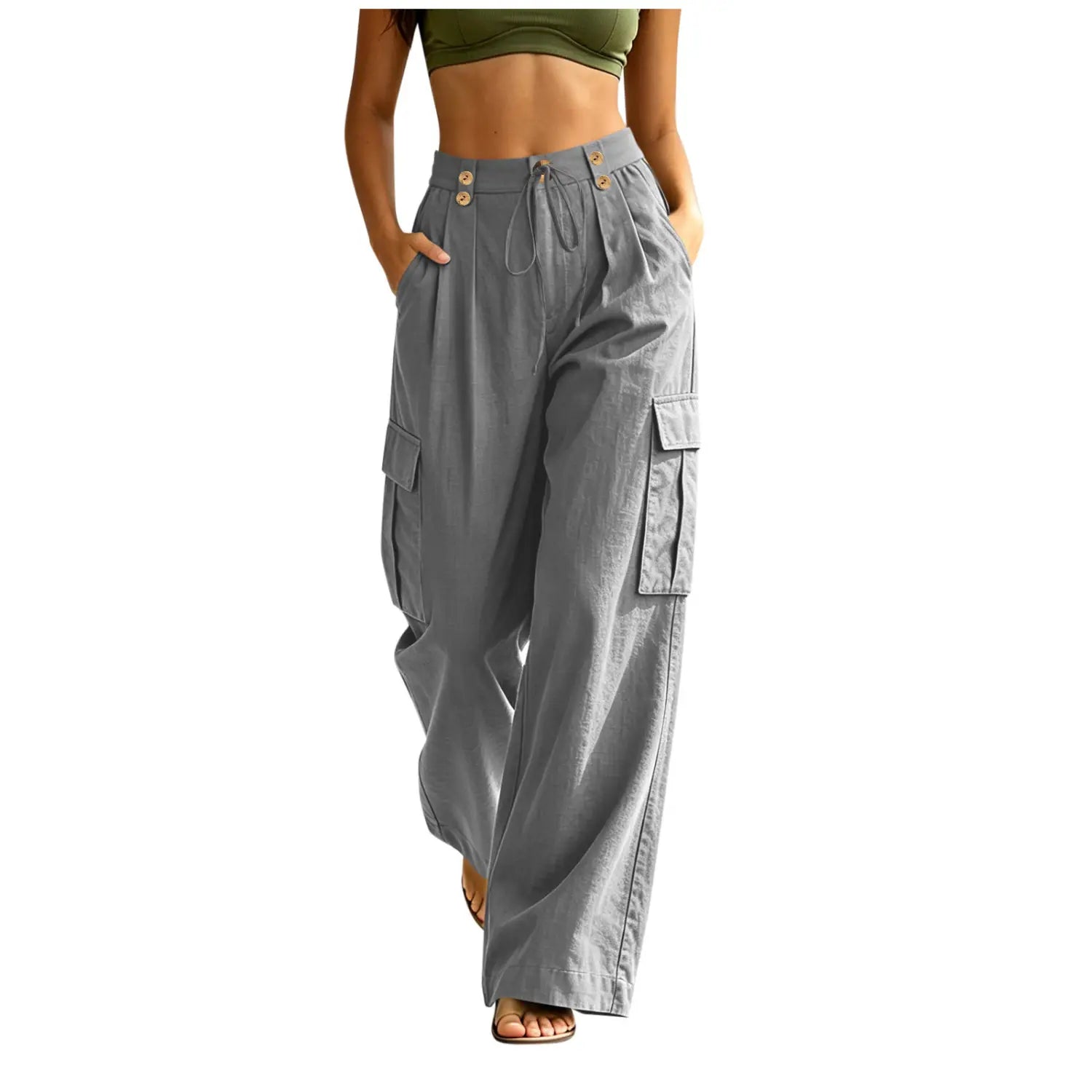 Pantalons cargo en coton gris pour femmes, avec taille haute, fermetures par boutons et grandes poches latérales, pour des tenues décontractées.