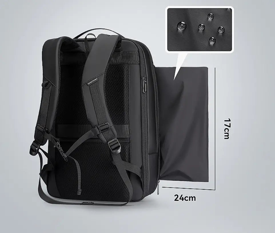 schwarzer Nylon-Business-Reiserucksack mit Mesh-Rückenpaneel und wasserabweisendem Material, entworfen als eleganter Oxford-Laptop-Rucksack.