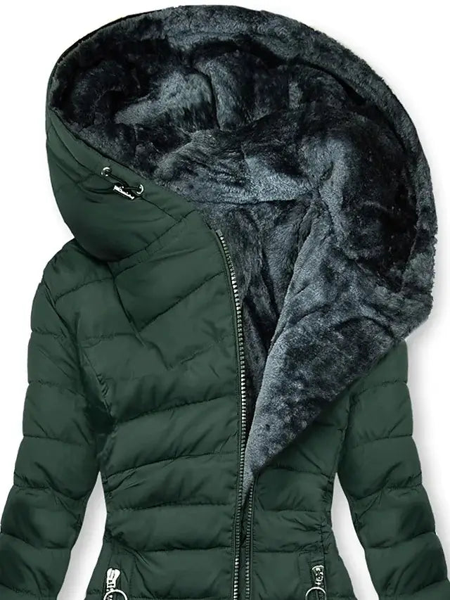 Dark green quilted cotton winter coat with a plush faux fur lined hood designed for cold weather.