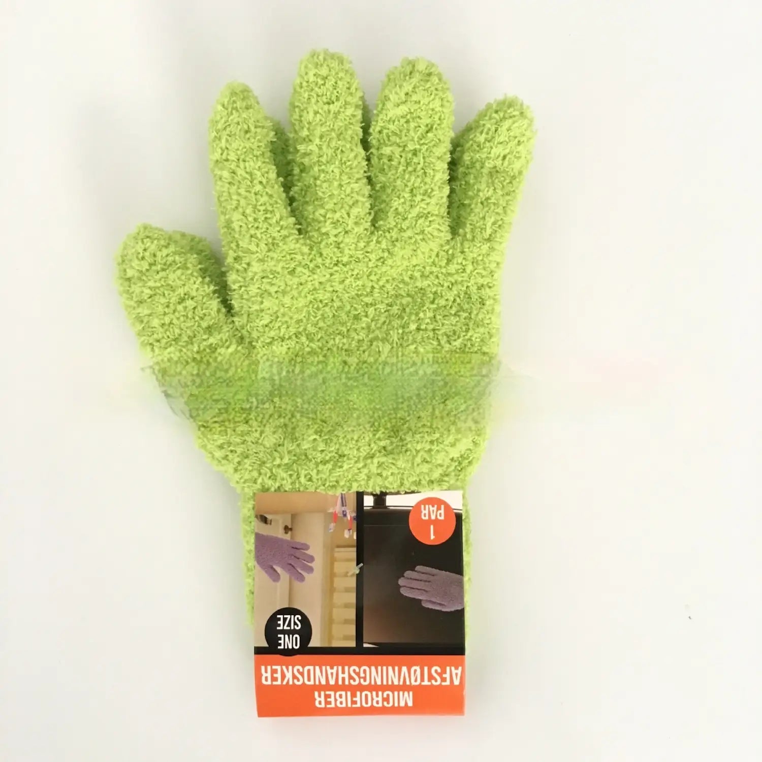 A lime green plush coral fleece bath dust glove made of soft microfiber with a textured surface and an attached label.