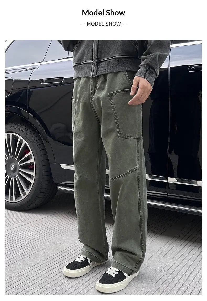olive green cargo pants for men made of cotton featuring multiple pockets and a relaxed fit suitable for workwear.