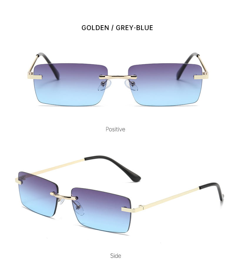 Retro-Sonnenbrillen ohne Rand im quadratischen Format mit goldfarbenem Zierband, mit goldfarbenen Fassungen und blau bis violett verlaufenden Gläsern.