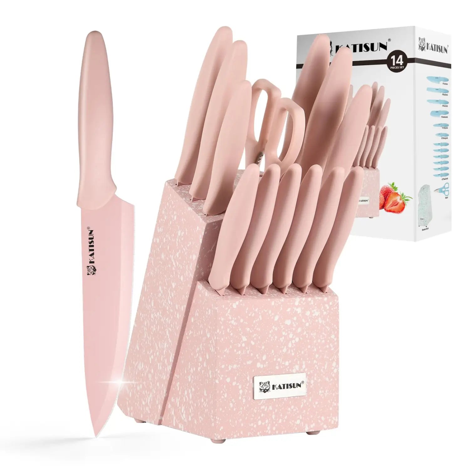 Set de cuchillos de cerámica rosa con bloque a juego con salpicado y colección de 14 piezas de acero inoxidable para uso en la cocina.