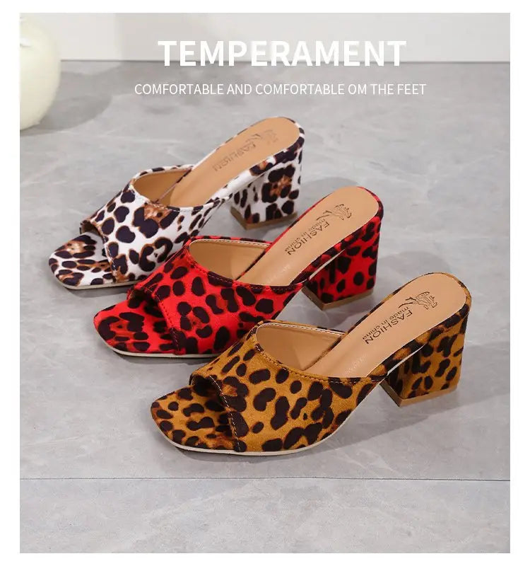 leopard square toe chunky heel mule sandals in red white and tan with leopard print and block heels