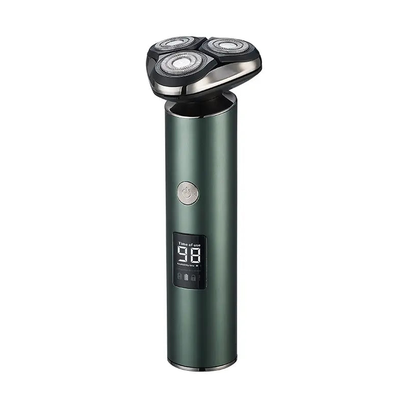 Rasoir électrique pour homme à triple tête, rasoir portable vert foncé, avec trois têtes de coupe circulaires argentées et un écran numérique indiquant le temps d’utilisation.