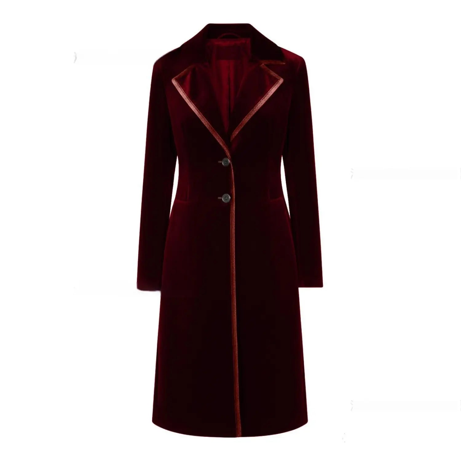Manteau en velours à bordure en cuir pour femmes en velours bordeaux riche, avec un col assorti et un passepoil rose discret le long de l’ouverture frontale et des poignets.