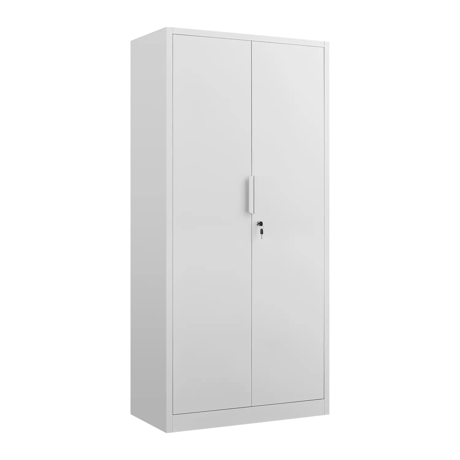 White steel file cabinet with two doors and key lock for secure storage measuring 70 inch in height.