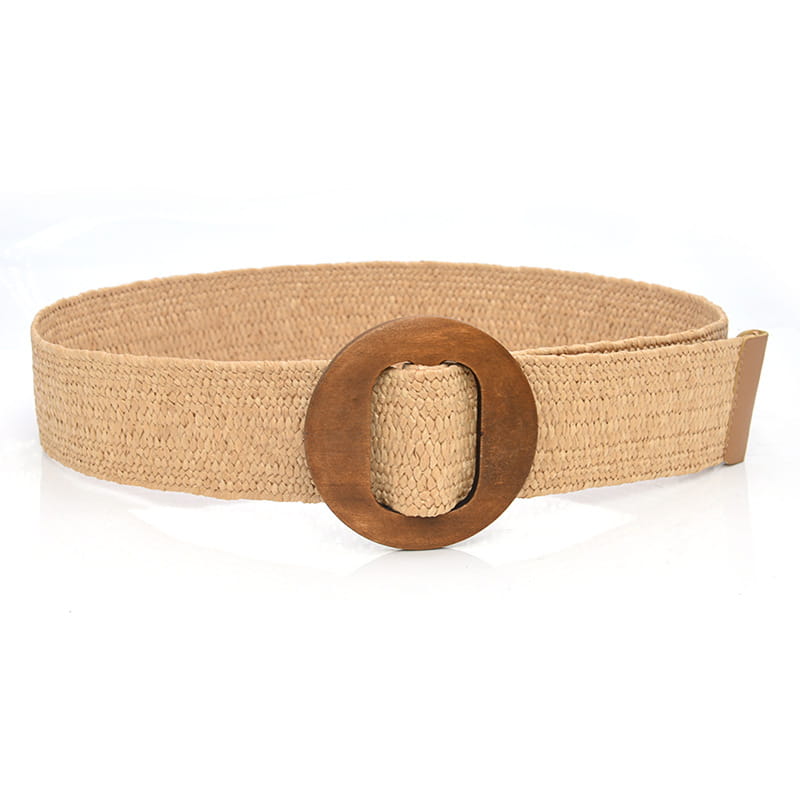 Beige woven elastic belt featuring a round wooden buckle for stylish and comfortable wear.