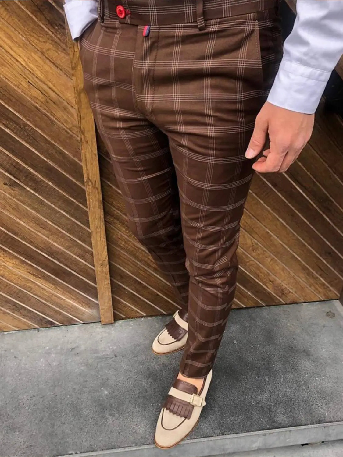 Men plaid casual trousers slim fit check pants in brown with a tailored fit featuring crisp white and beige intersecting lines on the fabric.