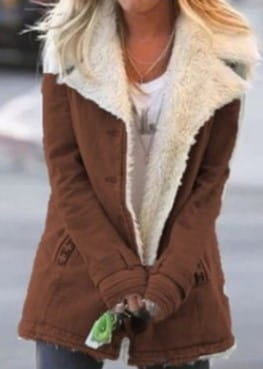 Women fleece cotton padded jacket in brown with shearling lining plush white interior and front pockets