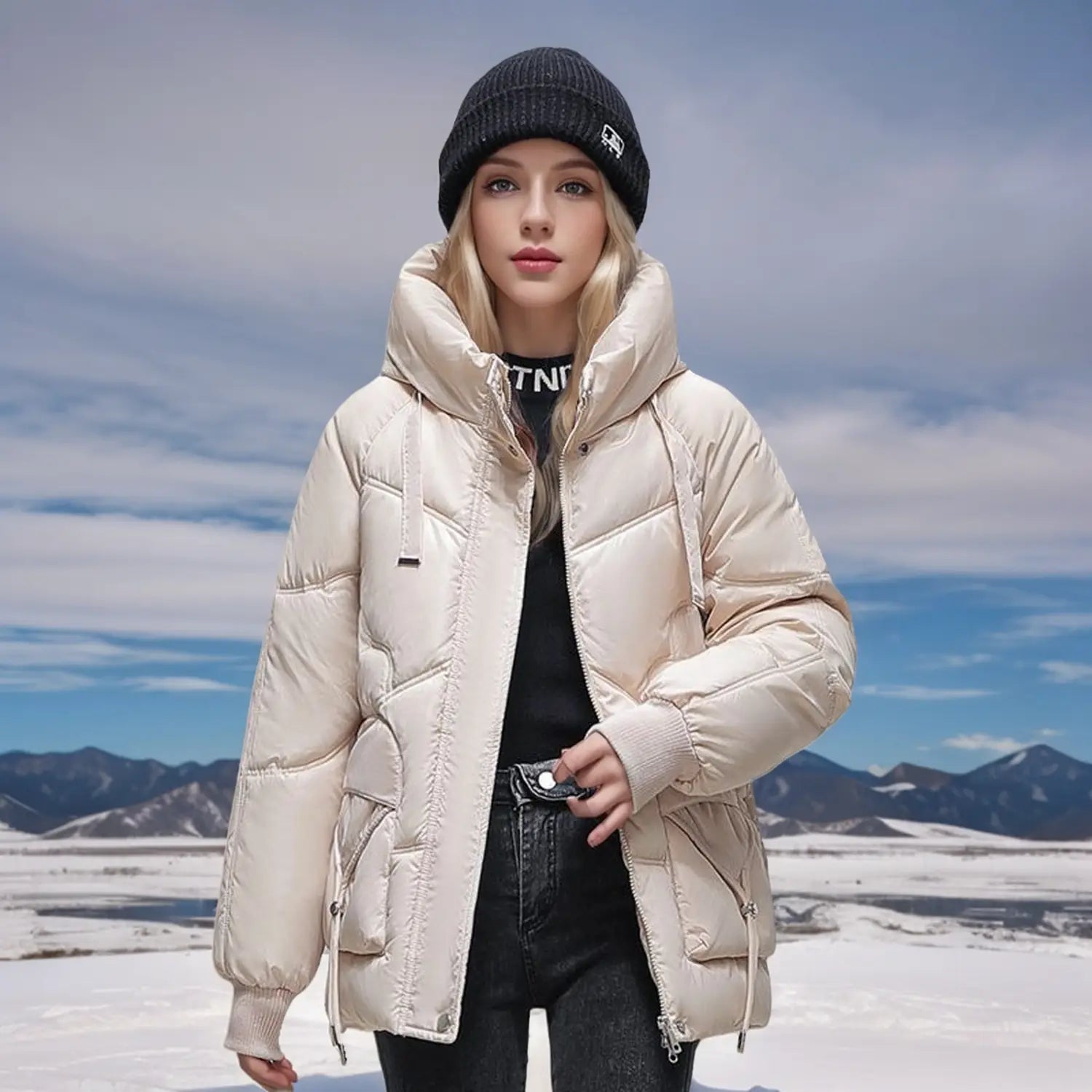 Beiges koreanisches lockeres Winter-Steppjackett mit Daunenoptik, mit Steppdesign und Kapuze, ausgelegt für kaltes Wetter