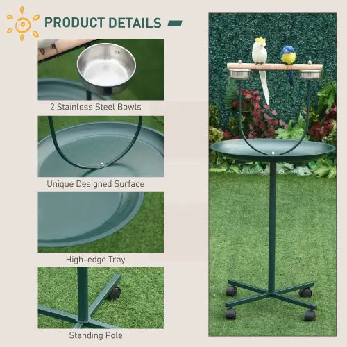 Estructura de juego para adiestramiento de aves con posadero y cuencos