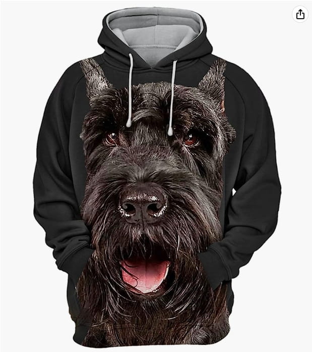 sweat à capuche noir en pull-over pour homme, avec un portrait détaillé imprimé en 3D d’un chien noir sur l’avant, une doublure intérieure grise et des cordons de serrage blancs.
