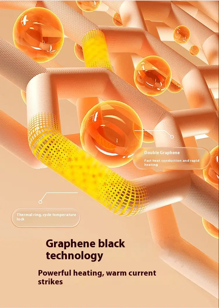 Orange and yellow graphene heating elements with a mesh design labeled as double graphene technology in a windproof waterproof puffer jacket.