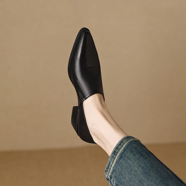 Black leather pointed-toe loafer with a low block heel from the women’s leather block heel loafers square toe shoes collection.
