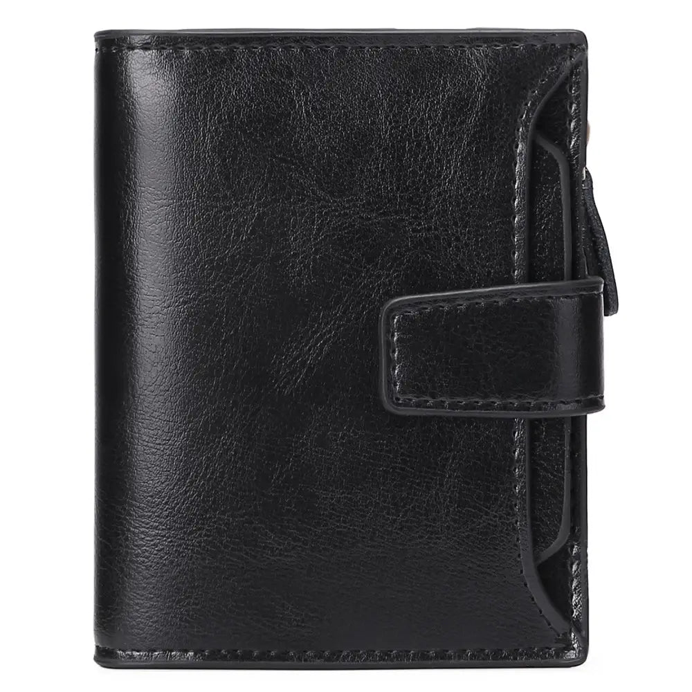 Black leather rfid wallet with textured surface and flap closure secured by matching strap featuring zipper and anti theft feature.