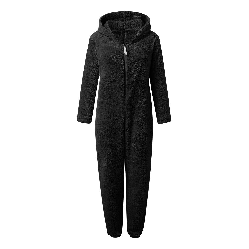 Pijamas de mono de forro polar suave con orejas de gato, color negro, con cierre de longitud completa y tejido suave con textura