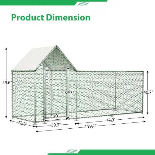 Green metal chicken coop run with a gabled roof and hexagonal mesh fencing designed as a poultry habitat cage.