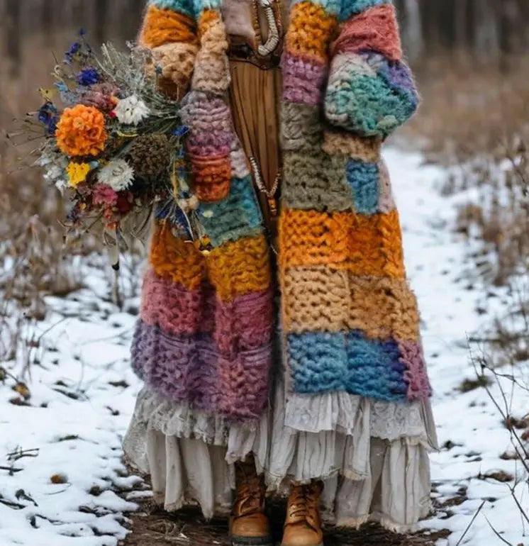Ein lebendiger Regenbogen-Kapuzen-Patchwork-Mantel aus dickem Garn mit kräftigen horizontalen Streifen in Orange, Pink, Blau und Violett.