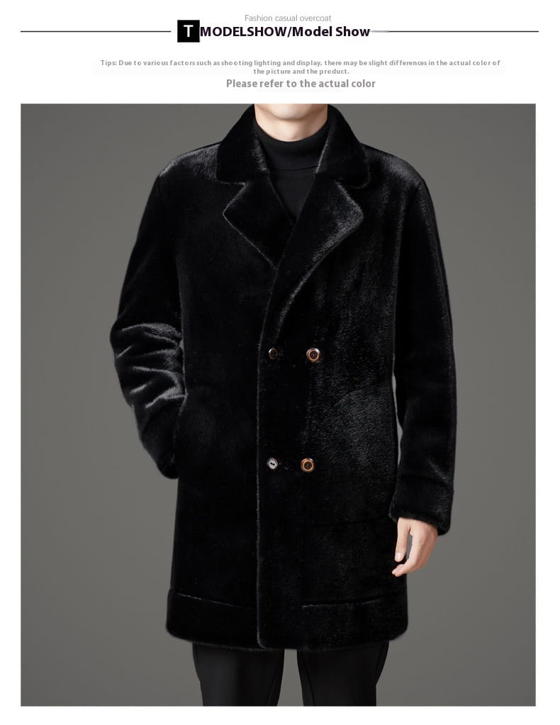 Men’s furs shearling double breasted winter coat in black faux fur with plush velvety texture and contrasting metallic buttons.