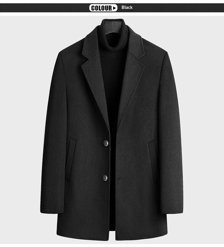 Schwarzer Herren-Dicker Wollmantel mit klassischem doppelreihigem Design und zwei Fronttaschen für warme Winterbekleidung.