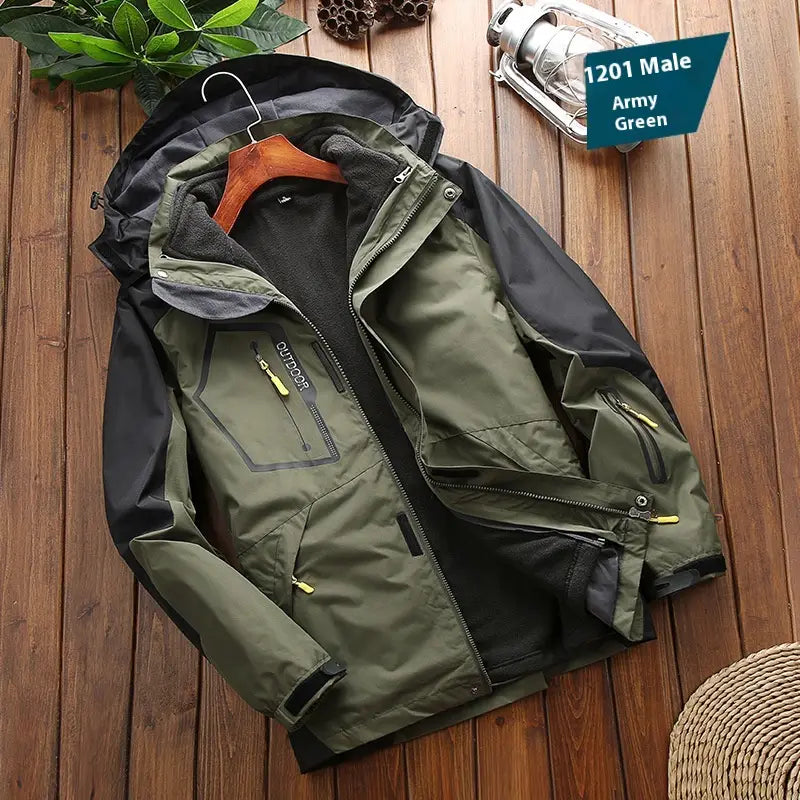 Men three-in-one waterproof winter sportswear jacket in army green and black with yellow zipper pulls designed for outdoor use.