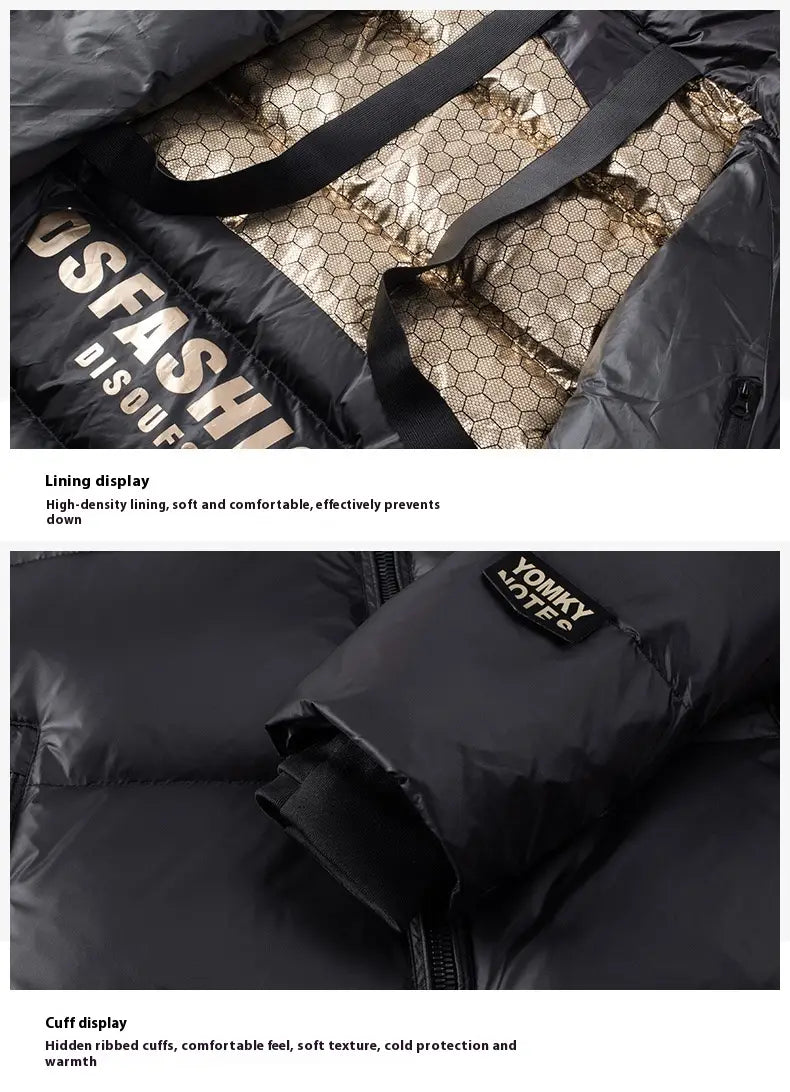 Chaqueta acolchada tipo puffer de oro negro en negro, con forro de patrón hexagonal y puños acanalados para mayor comodidad y estilo.