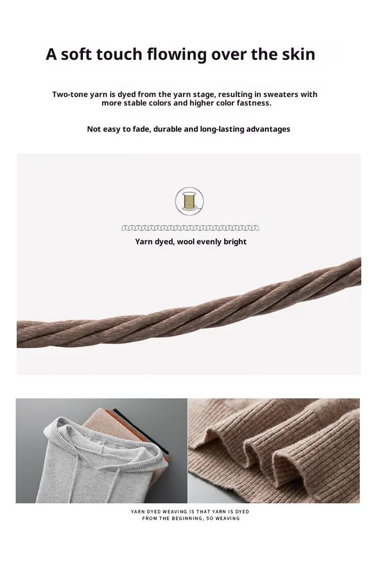 Herren-Strickpullover mit Kapuze, locker geschnitten, aus strapazierfähigem Wollgarn in gedämpften Beige- und Grautönen mit leuchtender, farbechter Ausrüstungsqualität.