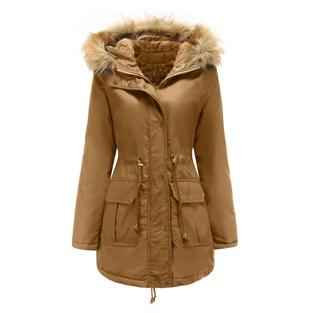 parka de invierno con cuello de piel para mujer, en material de algodón acolchado color camel, con capucha forrada de piel y bolsillos frontales.