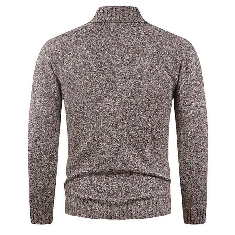 Men’s double-breasted knit cardigan in textured gray melange with ribbed cuffs and hem featuring a turtleneck design.