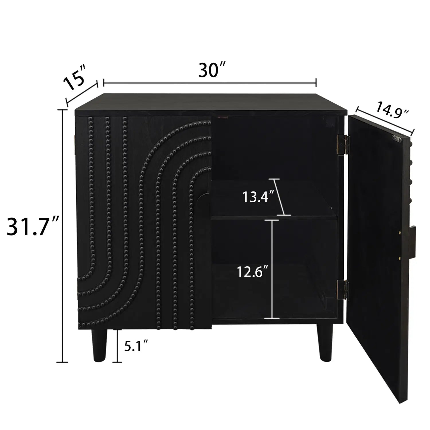 Black storage cabinet with arched beaded door panels and tapered legs for elegant sideboard storage.