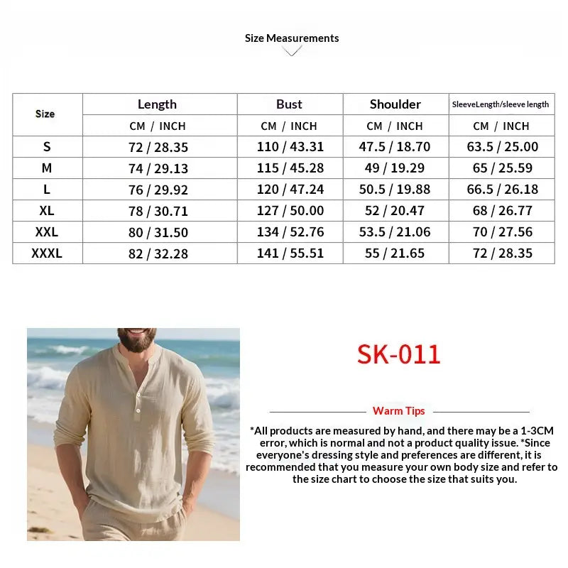 Camisa tipo henley de lino color beige de manga larga, con tapeta abotonada y corte relajado, para uso informal como prenda de vestir tipo pulóver.