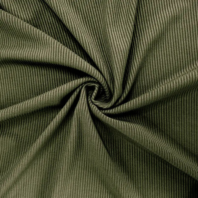Olive green corduroy fabric with distinct vertical ridges featured in a women’s ruffled ribbed knit slim fit mock neck top.