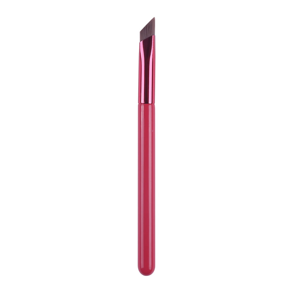 A sleek vibrant pink angled eyebrow brush with a glossy finish and fine dense bristles designed as a wild eyebrow brush 3d stereoscopic makeup tool.