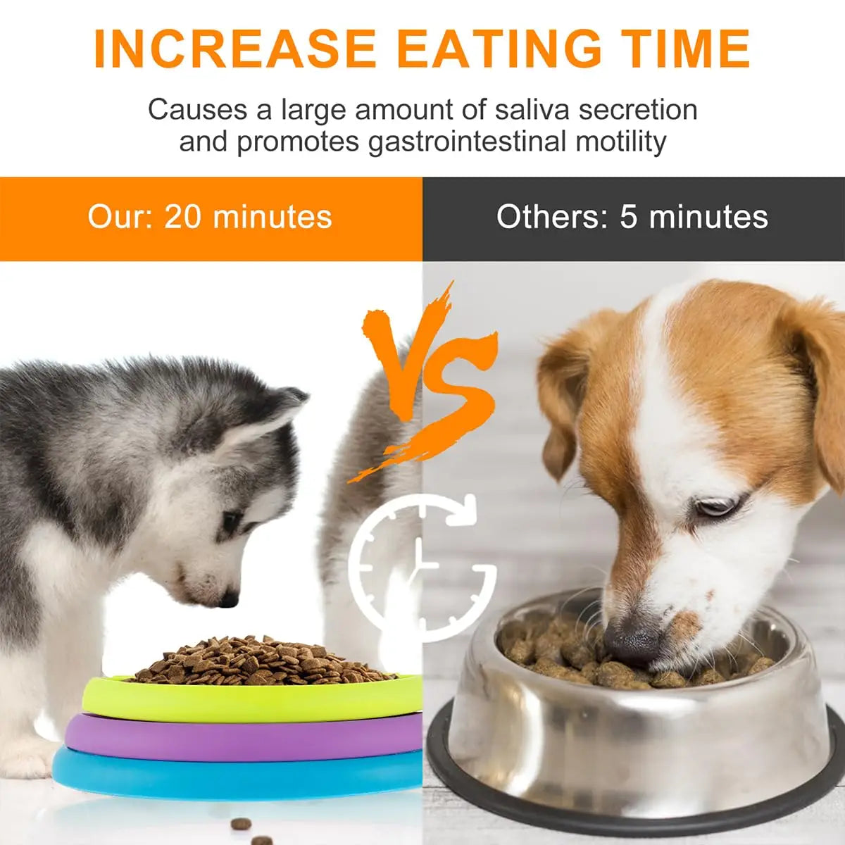L’image montre une pile de trois bols flexibles en silicone 3-en-1 pour puzzle distributeur pour chien et tapis à lécher à alimentation lente, de couleurs vives, en vert citron, violet et bleu.