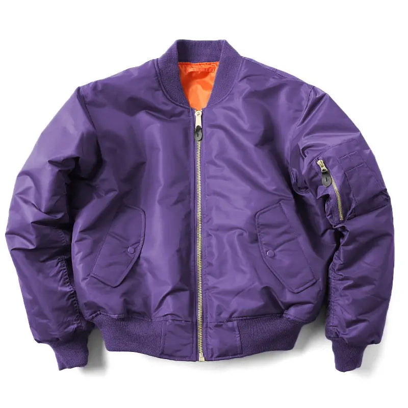 Men’s pilot cotton bomber jacket in purple with bright orange lining and gold-toned zipper details.