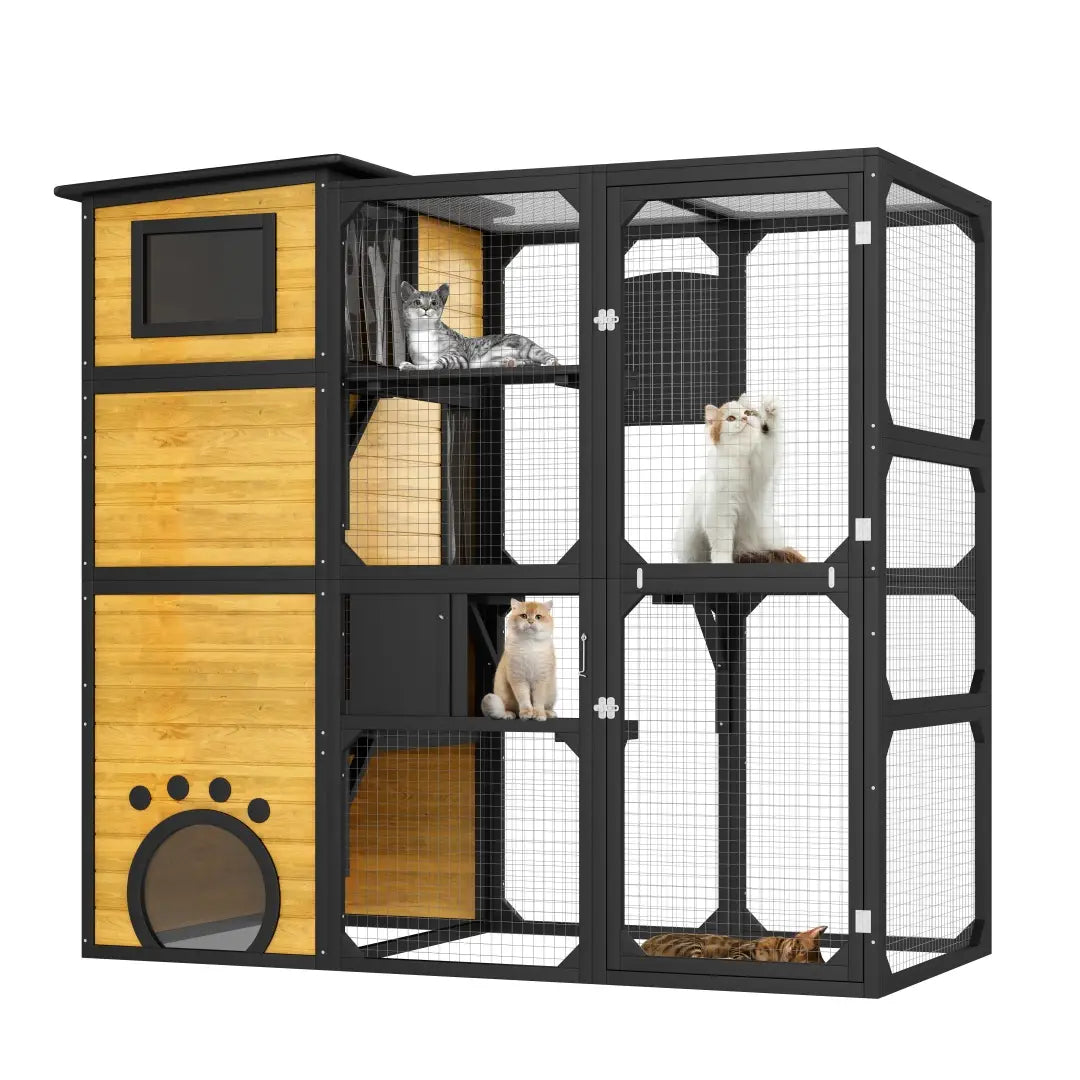 Large outdoor catio 4 tier wooden cat enclosure with black metal frame light wood panels and a paw-print entrance door.