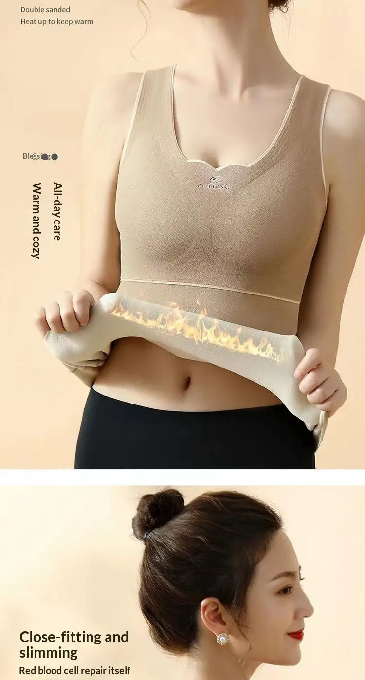 Beiges, doppelt gesandetes Thermo-Tank-Top mit integrierter Büste aus Dermlin-Stoff, mit schmeichelndem Rundhalsausschnitt und nahtlosem, eng anliegendem Design.