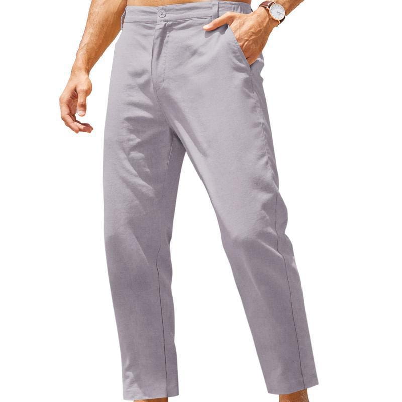 Hellgraue Herren-Cotton-Linen-Freizeit-Hosen mit hohem Stretchanteil mit einer sauberen, maßgeschneiderten Passform und dezenten Falten.