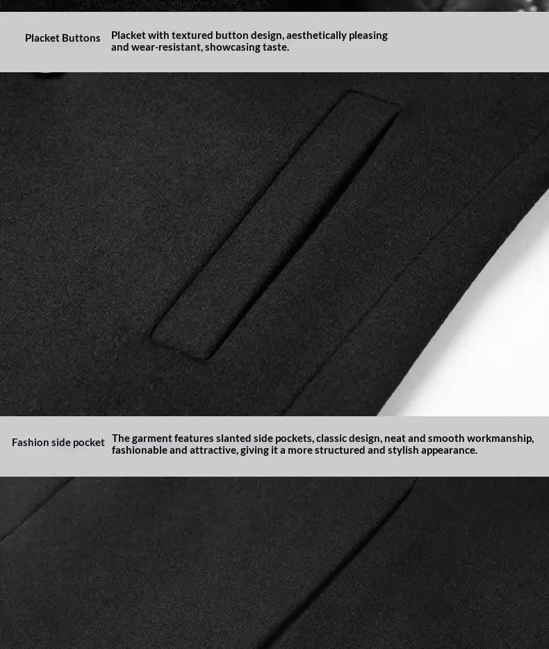 Black wool overcoat for men featuring a black placket with a textured button design for warmth in winter.