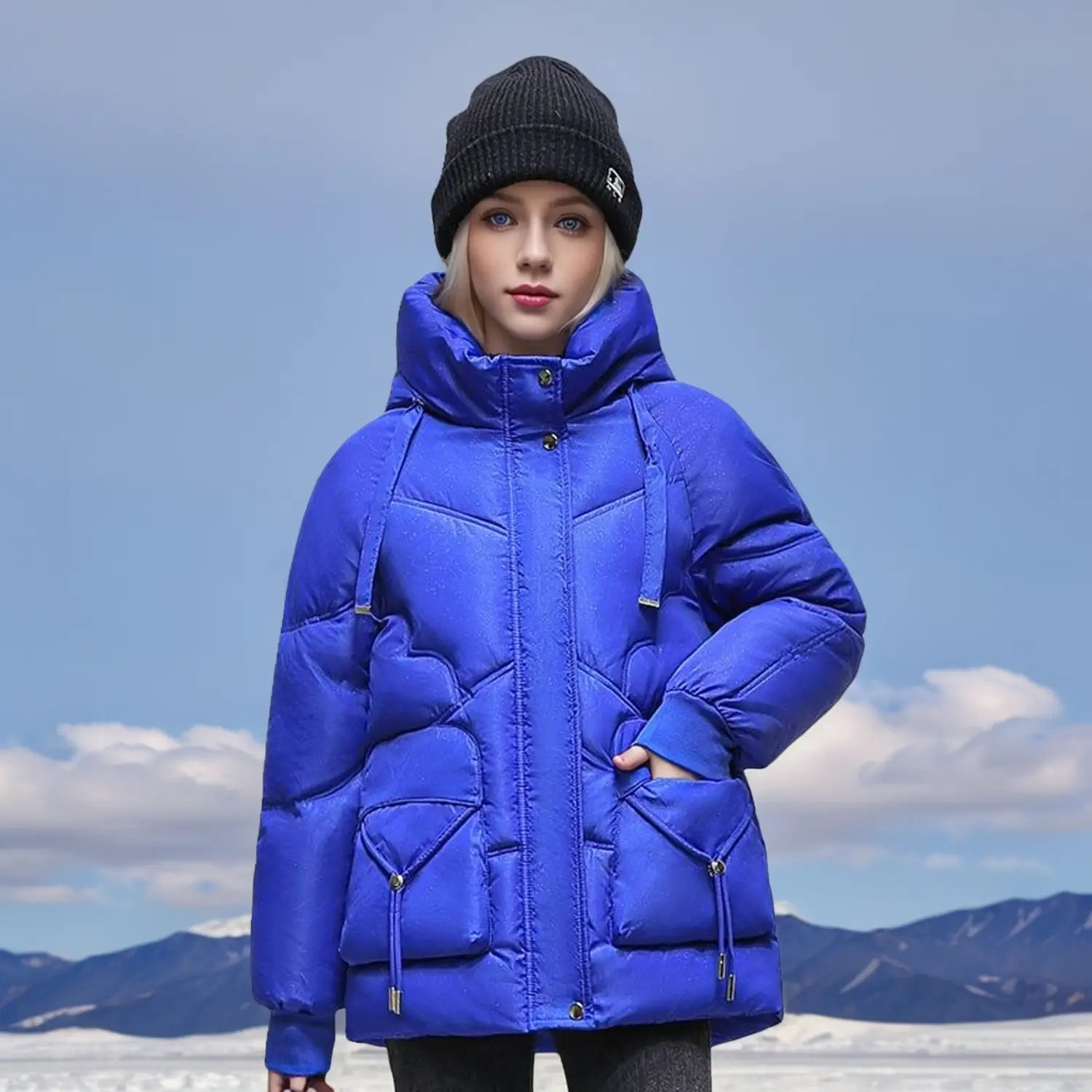 Leuchtend königsblaues koreanisches lockeres Winter-Steppjackett mit Daunenoptik mit Steppdesign, vorderen Taschen und Kordelzügen.